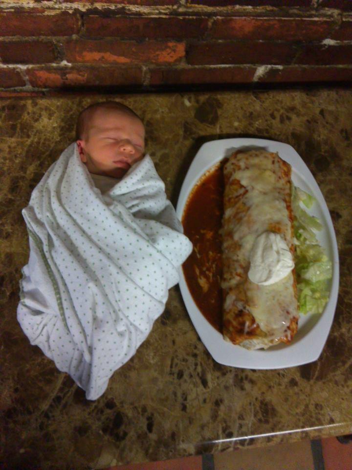 This is an actual photo of my son at a week old next to a giant burrito