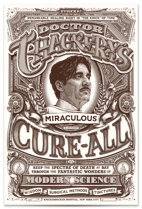 “Doctor Thackery’s Miraculous Cure-All” limited edition screenprint Print size: 12″ x 18″ Limited edition of 75 one-color screenprint on natural cover stock. Each print is hand signed & numbered. $40 each. First ten in the edition hand embellished for a weathered look done in ink wash, $50 each. First in the edition (#1) mounted to wood and sealed with resin, $350.