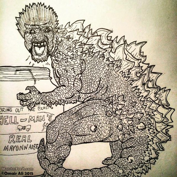 This hideous monstrosity. ‪#‎guyfieri‬ ‪#‎godzilla‬ ‪#‎kaiju‬ ‪#‎guyju‬ ‪#‎RIPBryanCranston‬ ‪#‎flavortown‬ ‪#‎hellmanns‬ ‪#‎drawing‬ ‪#‎toiletwatercereal‬