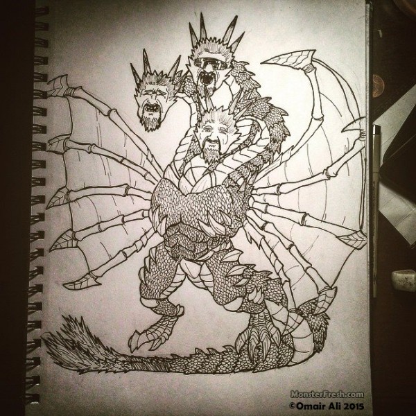 King Guydorah, AKA Tri-Fieri, AKA Triple D [Diners, Drive-Ins, and Dragons]. My masterpiece. This is probably the last one I'm doing. Maybe now I can sleep. ‪#‎guyfieri‬ ‪#‎ghidorah‬ ‪#‎godzilla‬ ‪#‎kaiju‬ ‪#‎thatsmoney‬ ‪#‎tripleD‬ ‪#‎worldweary‬ ‪#‎skinsofair‬ ‪#‎insomnia‬